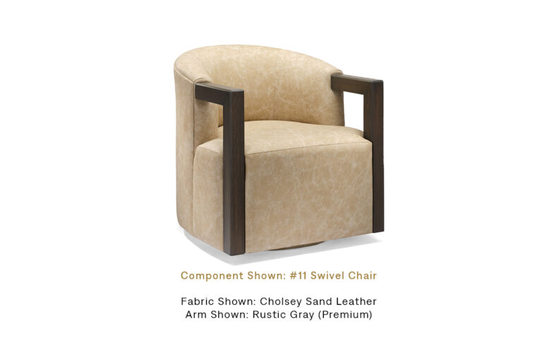 The Casper Swivel Chair with a Rustic Gray arm finish by Burton James, upholstered in Cholsey Sand Leather.