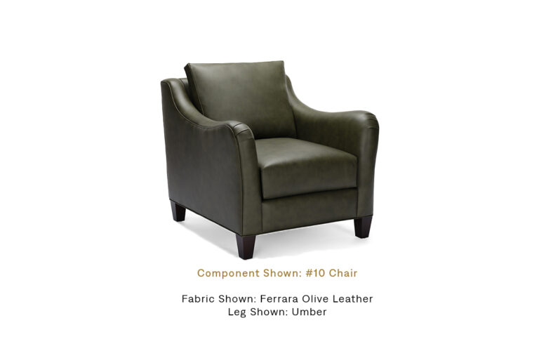The Audrey Chair with Umber finish by Burton james, upholstered in Ferrara Olive Leather.